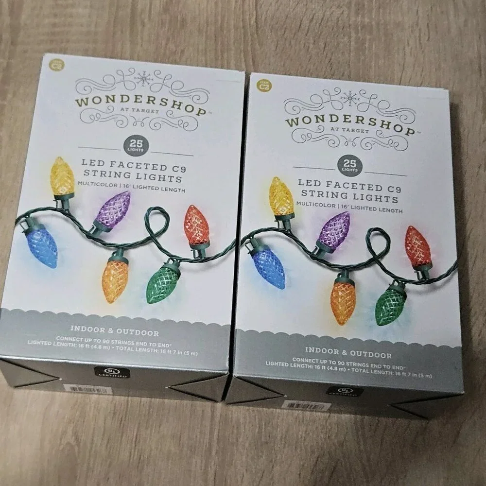 2 New WONDERSHOP 25 Multi-Color Faceted LED Christmas String Lights 16'